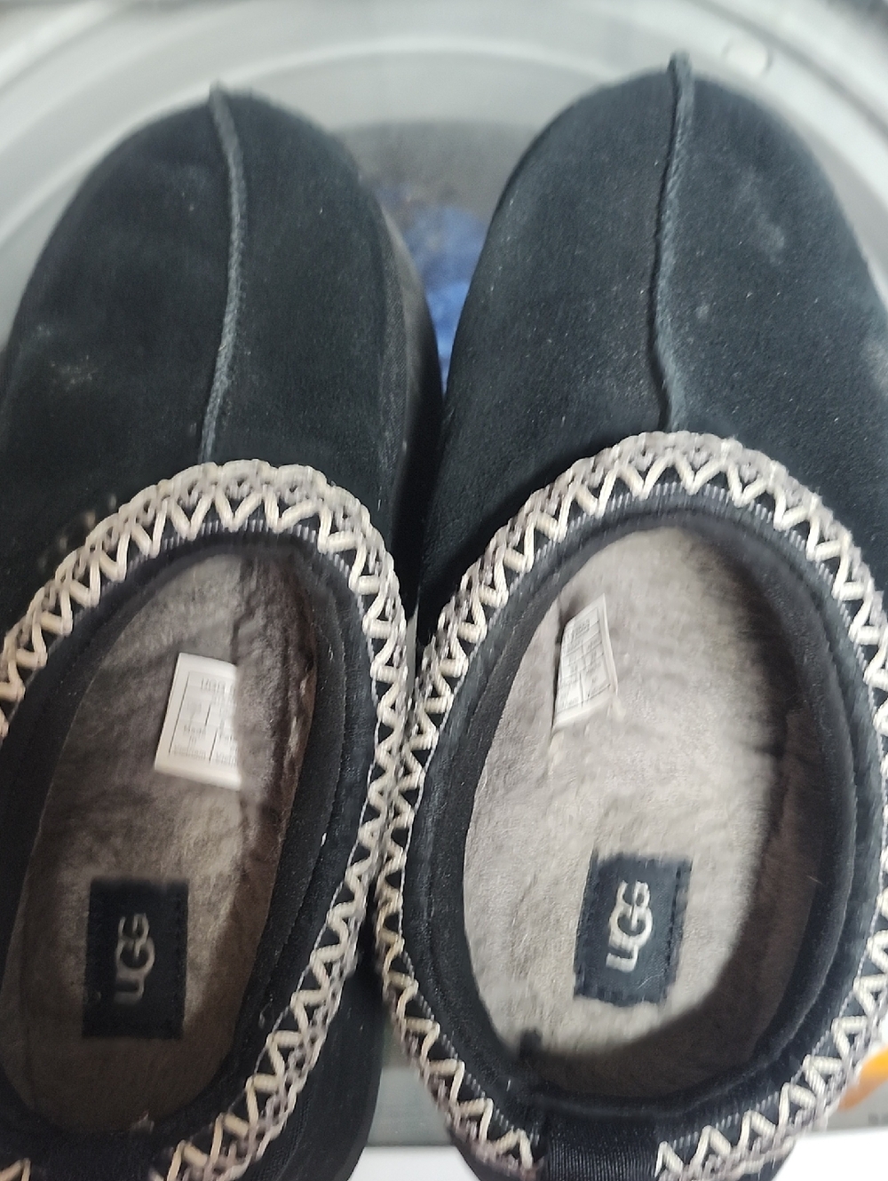 UGG Black Suede Slip-On Moccasin Slippers with Contrast Trim